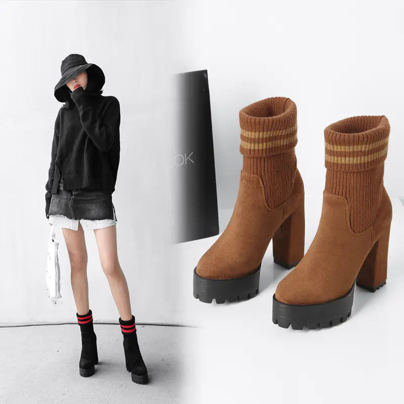 Fashionable Chunky High Heels Waterproof Women's Boots