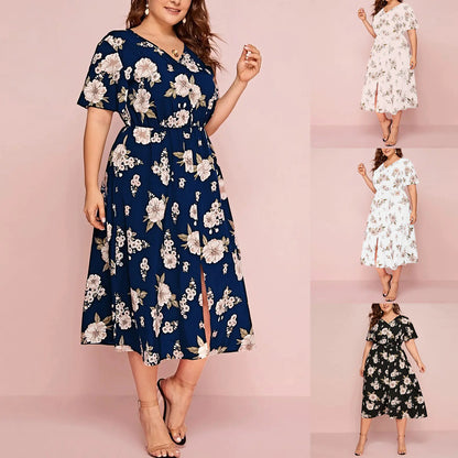 Plus Size Floral Print V-Neck Short Sleeve Dress