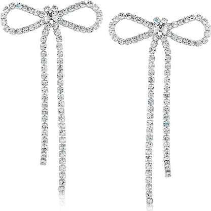 Sparkly Dangling Silver Bow Long Silver Earrings