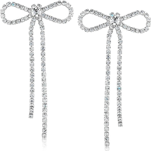 Sparkly Dangling Silver Bow Long Silver Earrings