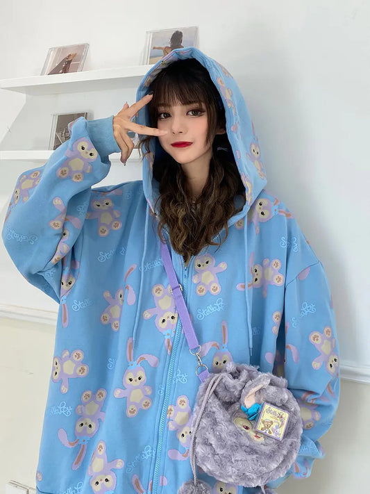 Loose-Fit Star Print Hooded Sweatshirt for Women