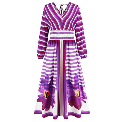 Women's Long Sleeve V-neck Printed Swing Dress