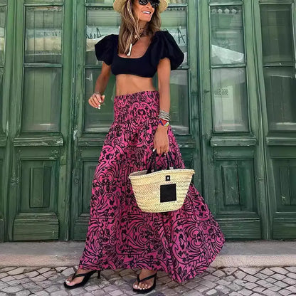 2023 Summer Floral Maxi Skirt with Elastic Waist