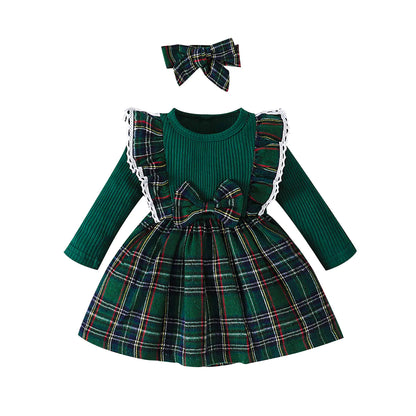 Plaid Long Sleeve Dress in Christmas Style for Girls