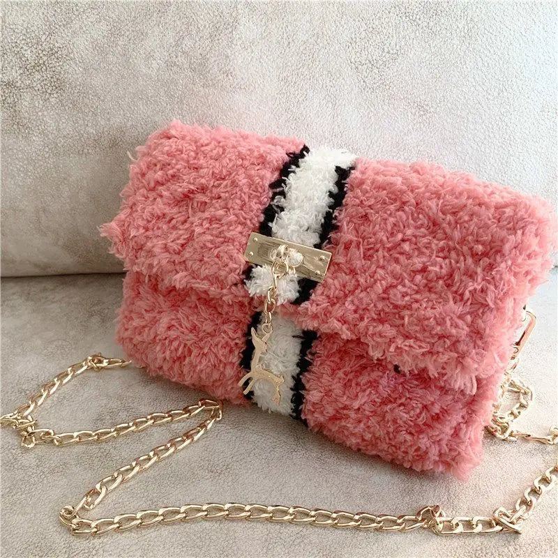 Bolso de Hombro de Peluche Forrado de Lana Tejido a Mano