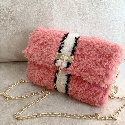 Bolso de Hombro de Peluche Forrado de Lana Tejido a Mano