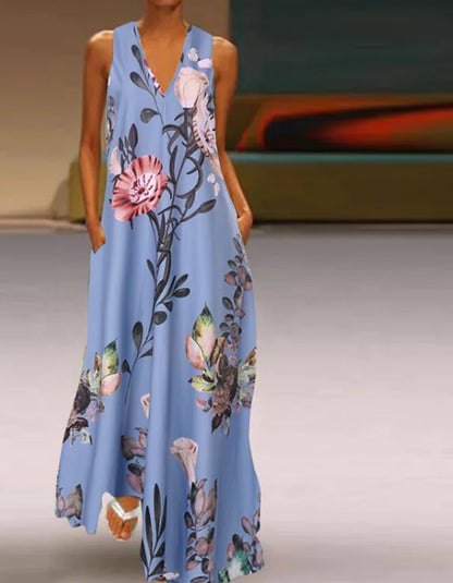 Sleeveless Floral Dress with Deep V Neck for Summer