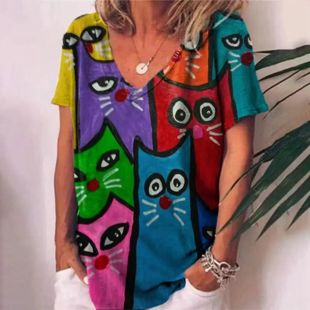 Sommerliches Damen-V-Ausschnitt-T-Shirt mit 3D-Druck