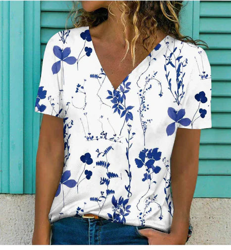 Women's V-Neck Short Sleeve Flower Print T-Shirt