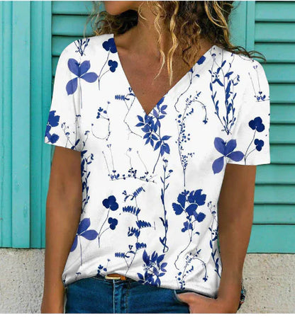 Women's V-Neck Short Sleeve Flower Print T-Shirt