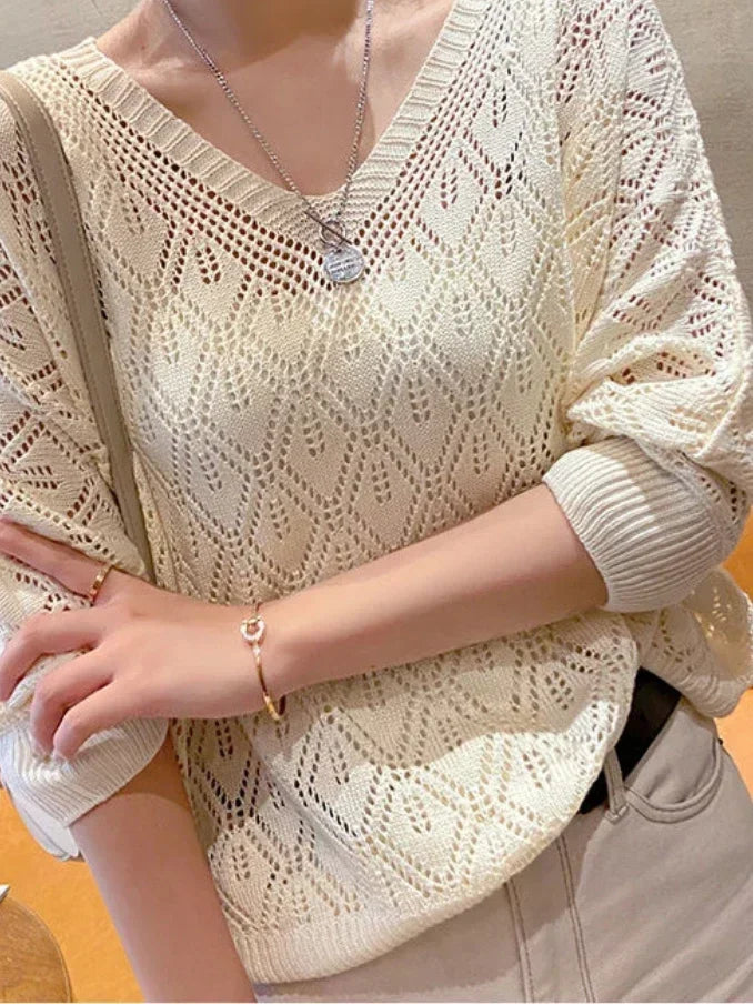 V-neck Crochet Hollow Knit Loose Bat Long Sleeve Sweater