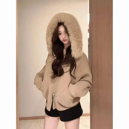 Autumn Loose Hooded Knitted Coat Pure Color Casual Coats