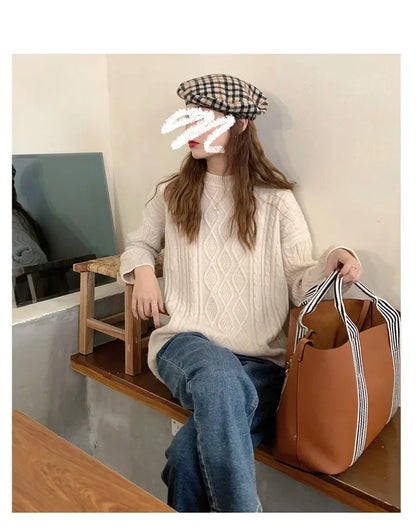 Plus Size Elegant Style Knit  Loose Fit Slimming Long Sleeve Sweater