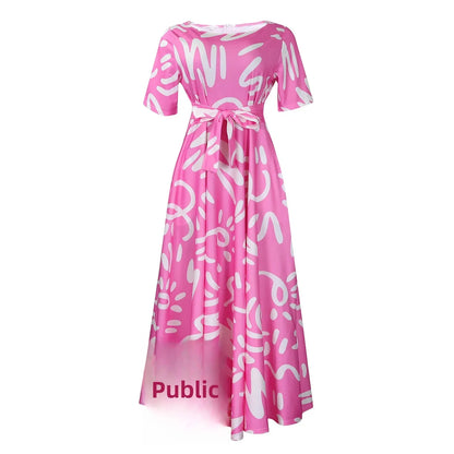 Printed Belted Dress Elegant  Knee-Length Round Neck Short Sleeve Dress