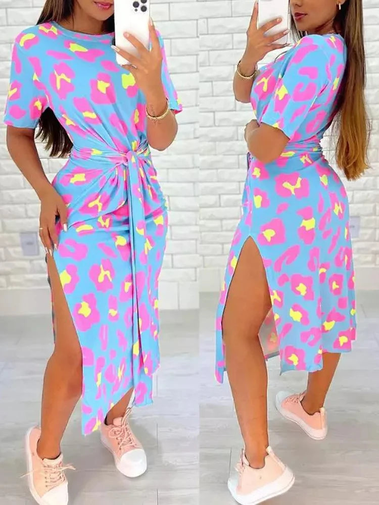 White Leopard Print Dress Tied Detail Slit Side Split Dress