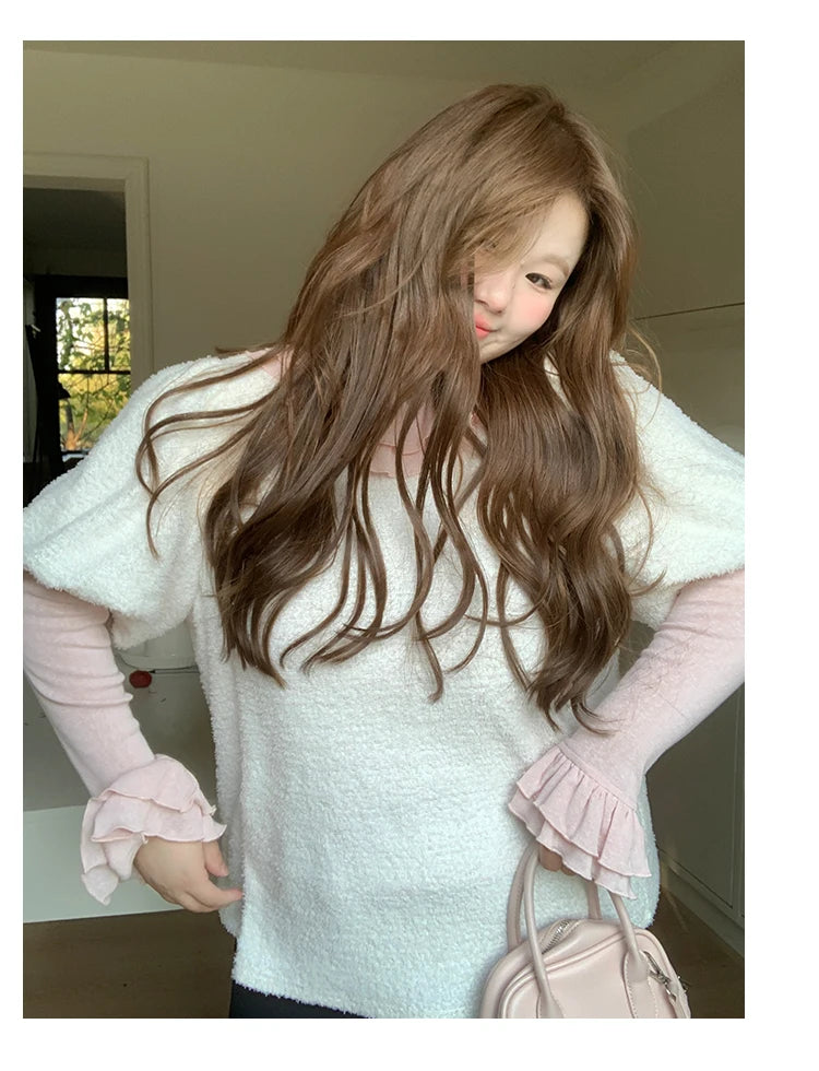 Solid Color Long Sleeve Sweet Double Layer Ruffles Crew Neck Knitted Sweater