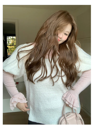 Solid Color Long Sleeve Sweet Double Layer Ruffles Crew Neck Knitted Sweater