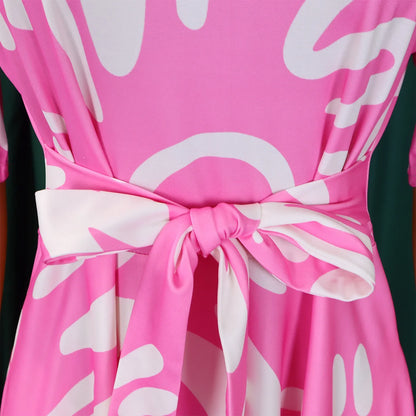 Printed Belted Dress Elegant  Knee-Length Round Neck Short Sleeve Dress