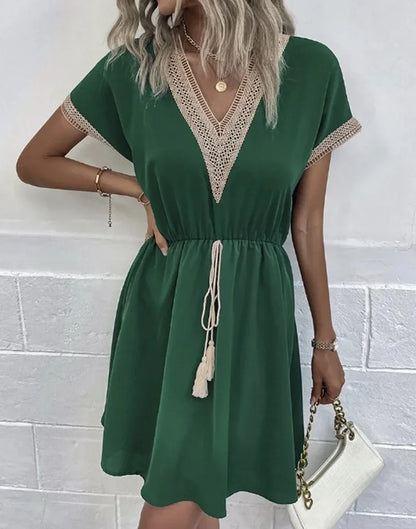 Short Sleeve V-neck Ruffle Waist Cross-border  Elastic Waist Dress