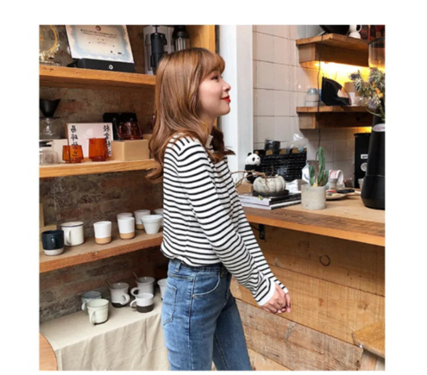 Mock Neck Pullover Long Sleeve Casual Striped Knitted Sweaters