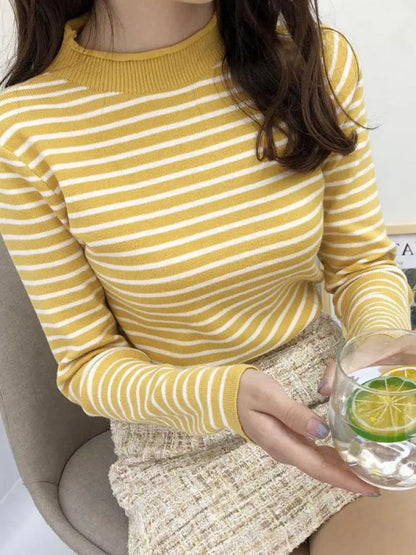 Mock Neck Pullover Long Sleeve Casual Striped Knitted Sweaters