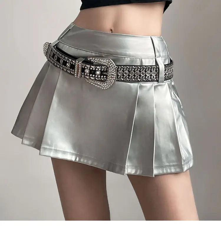 Hip-hop Pleated PU Leather Pleated Skirt