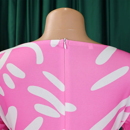 Printed Belted Dress Elegant  Knee-Length Round Neck Short Sleeve Dress