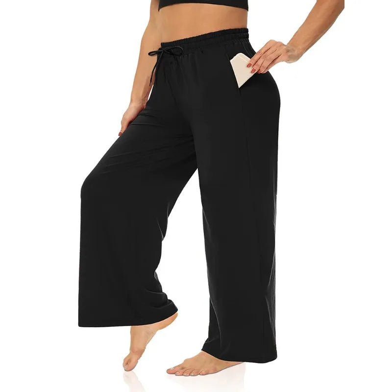 Plus Size Wide Leg  European Fit Straight Pockets Loose Elastic Waist Pants