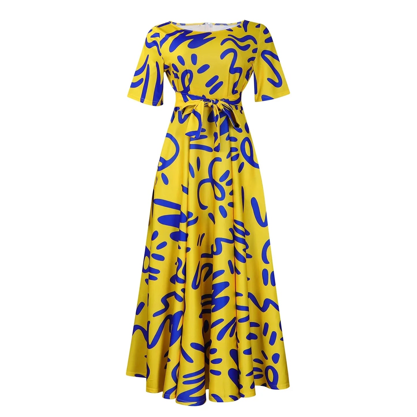 Printed Belted Dress Elegant  Knee-Length Round Neck Short Sleeve Dress
