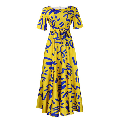 Printed Belted Dress Elegant  Knee-Length Round Neck Short Sleeve Dress