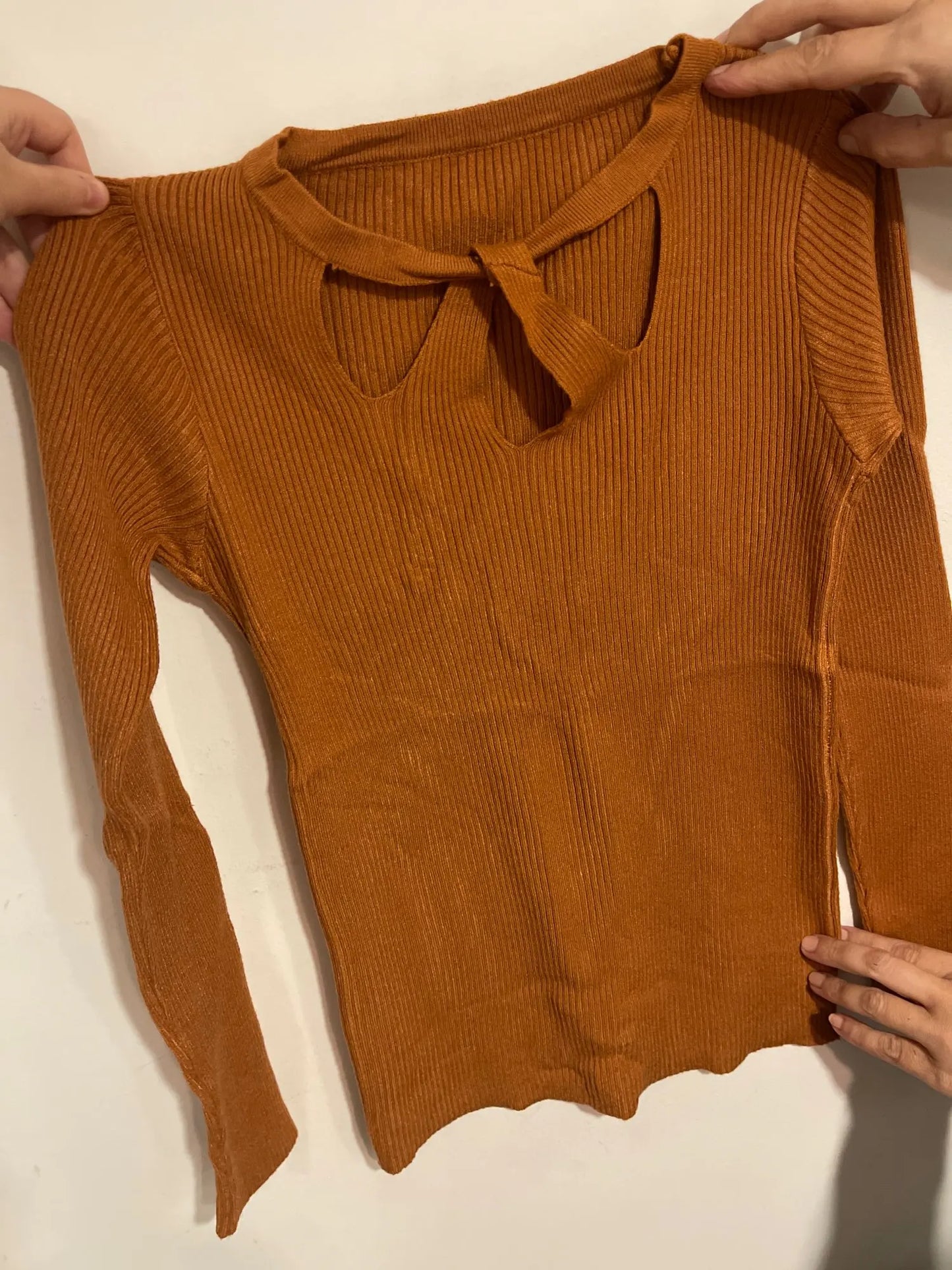 O-neck Stretch Sexy Pullover  Hollow Solid Color Sweater