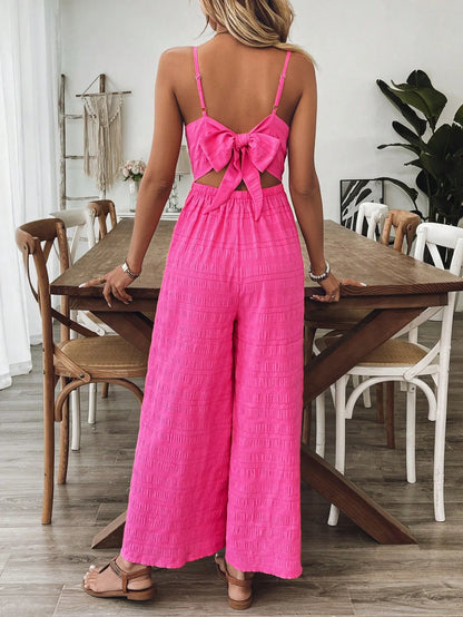 Women's Jumpsuits  Rose Red Sexy Backless Strap Wide-foot Jumpsuits
