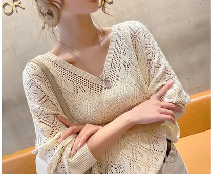V-neck Crochet Hollow Knit Loose Bat Long Sleeve Sweater