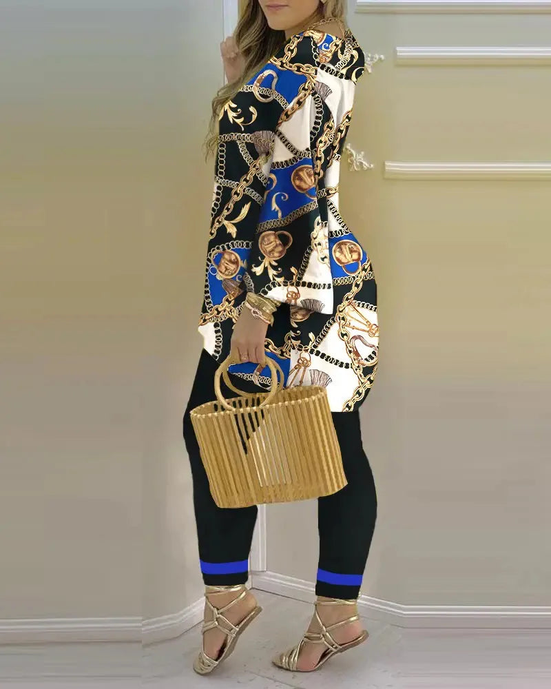 2024 Suit Summer Long Sleeve V-neck Polyester Printing Two Pieces Sets Top and Long Pant Clothes Women - Trendy Attic Store01