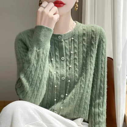 Long Sleeve Knitted O-neck Basic Thick Warm Cardigan