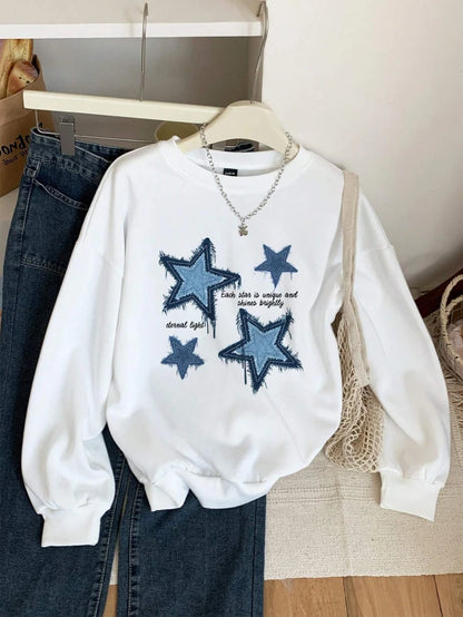 Denim Prints Star Graphic Loose Crewneck Pullover Hoodie