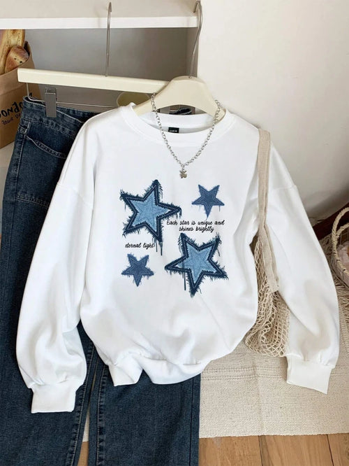 Denim Prints Star Graphic Loose Crewneck Pullover Hoodie