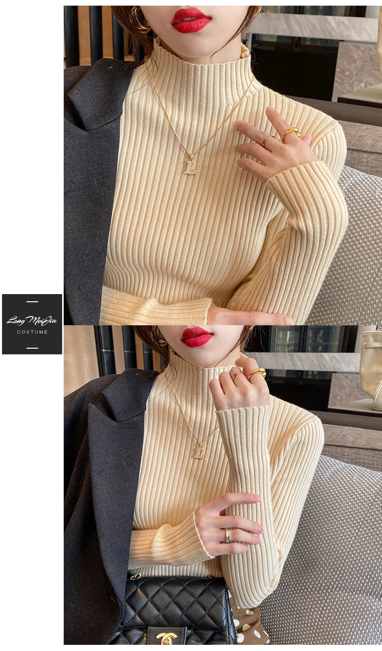 Pullover Long Sleeve Mock Neck Knitted Women Sweater