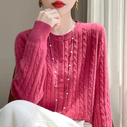 Long Sleeve Knitted O-neck Basic Thick Warm Cardigan