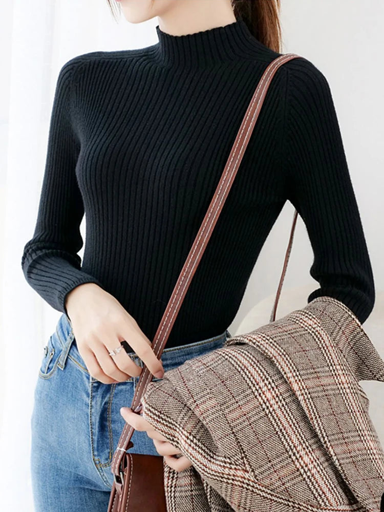 Pullover Mock Neck Long Sleeve Slim Sweater