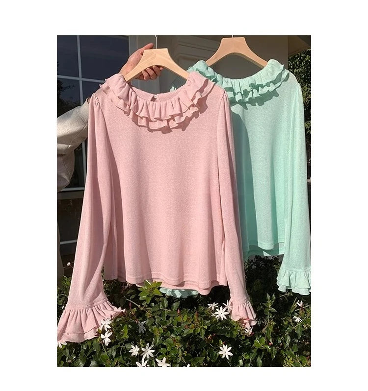 Solid Color Long Sleeve Sweet Double Layer Ruffles Crew Neck Knitted Sweater