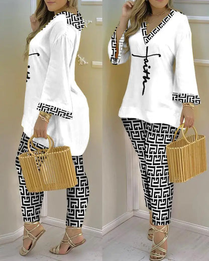 2024 Suit Summer Long Sleeve V-neck Polyester Printing Two Pieces Sets Top and Long Pant Clothes Women - Trendy Attic Store01