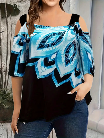 New Strap Off-The-Shoulder  Print Plus Size Women's Short Sleeve