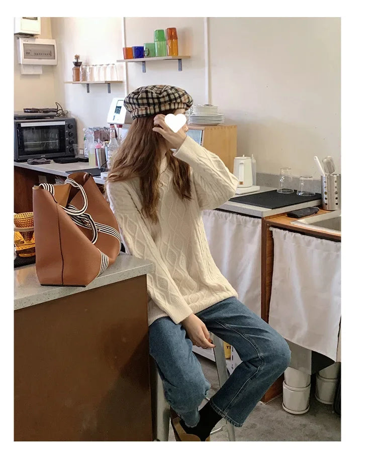 Plus Size Elegant Style Knit  Loose Fit Slimming Long Sleeve Sweater