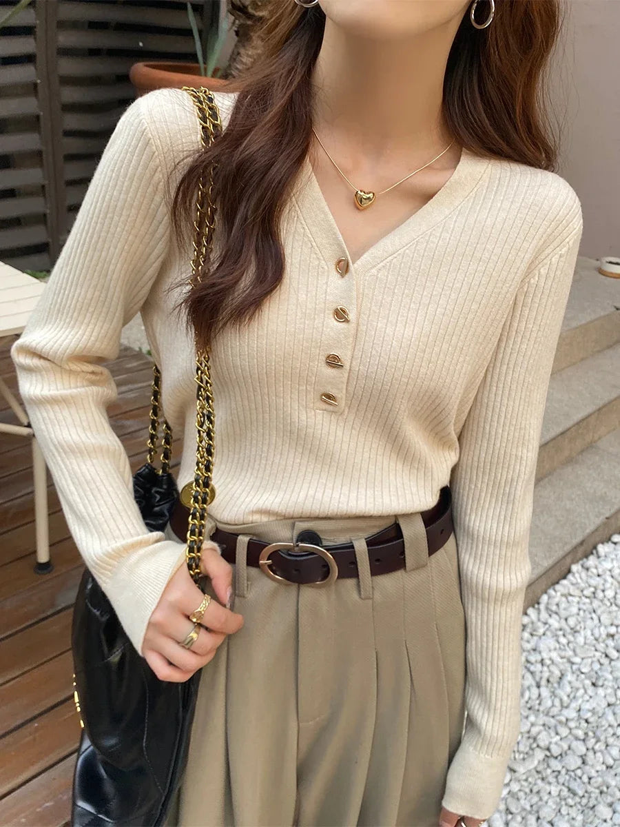 Sweaters Casual Slim Button Knitted Pullover Sweater
