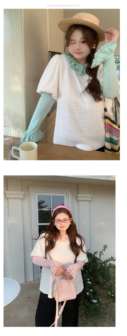 Solid Color Long Sleeve Sweet Double Layer Ruffles Crew Neck Knitted Sweater