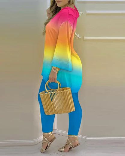 Long Sleeve V-neck Polyester Printing Two Pieces Sets