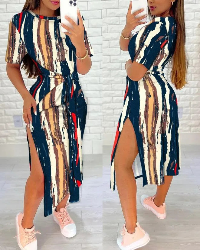 White Leopard Print Dress Tied Detail Slit Side Split Dress