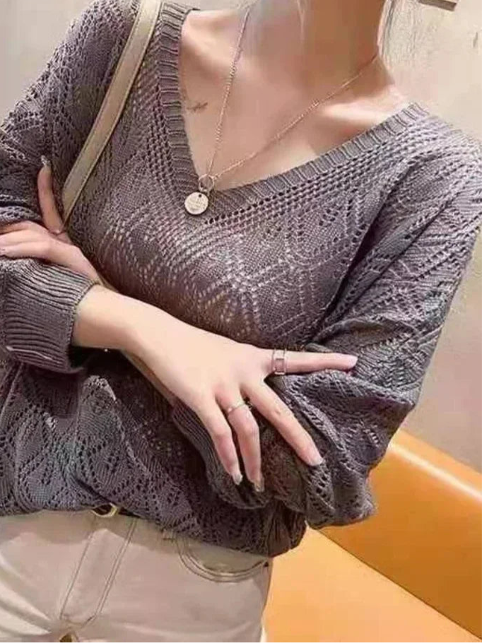 V-neck Crochet Hollow Knit Loose Bat Long Sleeve Sweater