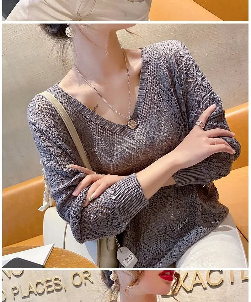 V-neck Crochet Hollow Knit Loose Bat Long Sleeve Sweater